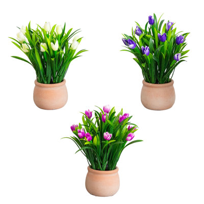 10in. Artificial Tulip Plant in Ceramic Planter - Set of 3