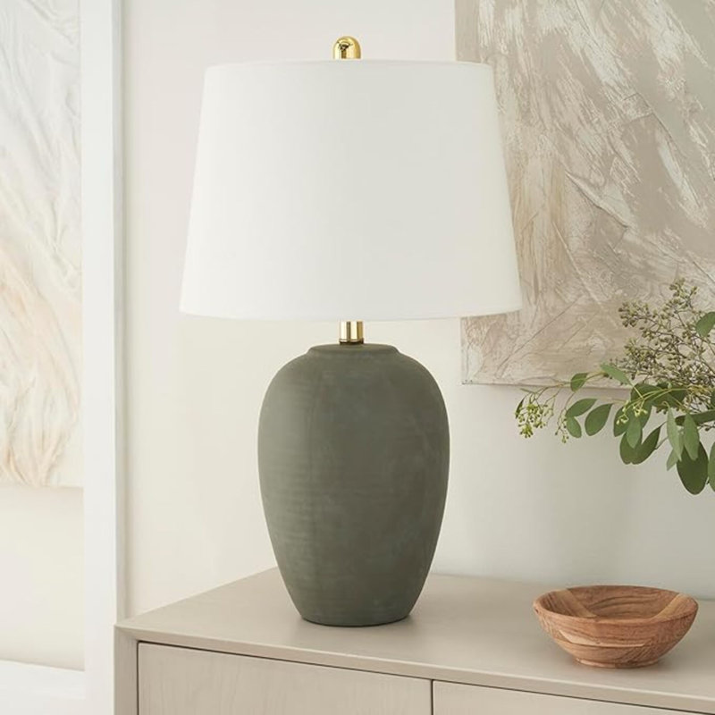 Lampe de table pot en céramique vert olive pour chambre à coucher, salon, salle à manger, avec abat-jour tambour conique blanc