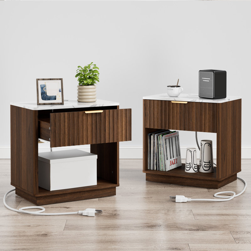 Schaitman 23.6''w 1-drawer Nightstand With Open Cubby, Wood Nightstand With Built-in Outlets (set Of 2), Walnut