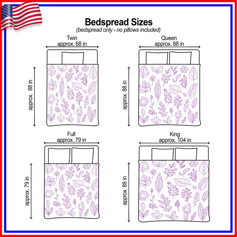 Purple Leaf Illustrations Quilted Bedspread All Sizes, Twin