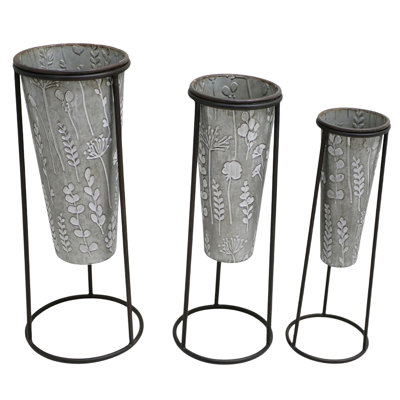 Ensemble de 3 seaux à fleurs en métal gris 24 po