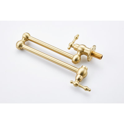 Brushed Gold Wall Mount Folding Pot Filler - 360 Rotation, Space Saving, Brass, Double Handles To Manage Water Flow Easily, Treatment Kitchen Spin, Brass Faucet, For Smooth Control, Corrosion