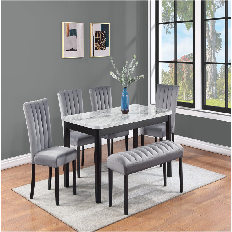 Ensemble de salle à manger contemporain 6 pièces Plateau de table rectangulaire Finition noire Chaises rembourrées Manche en bois massif Mobilier de cuisine en bois massif