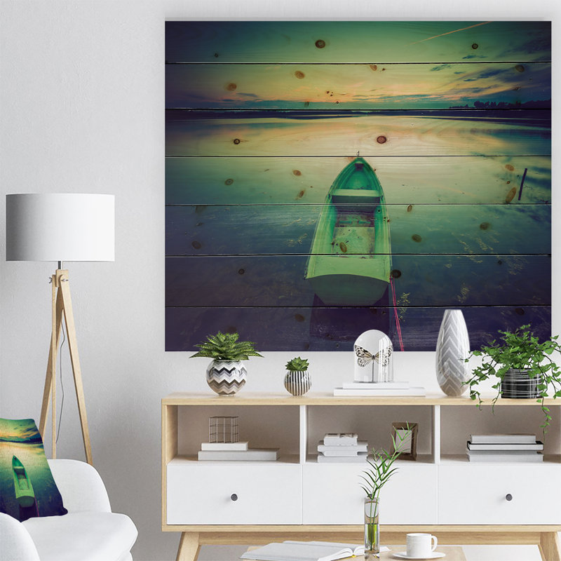 «Boat at Sunset», reproduction, H 15 po x l 20 po x P 1 po, Bois