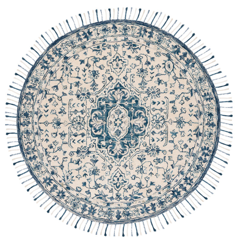 Tapis ivoire / bleu en laine / coton touffeté à la main Arkadijus, Rond 3 pi