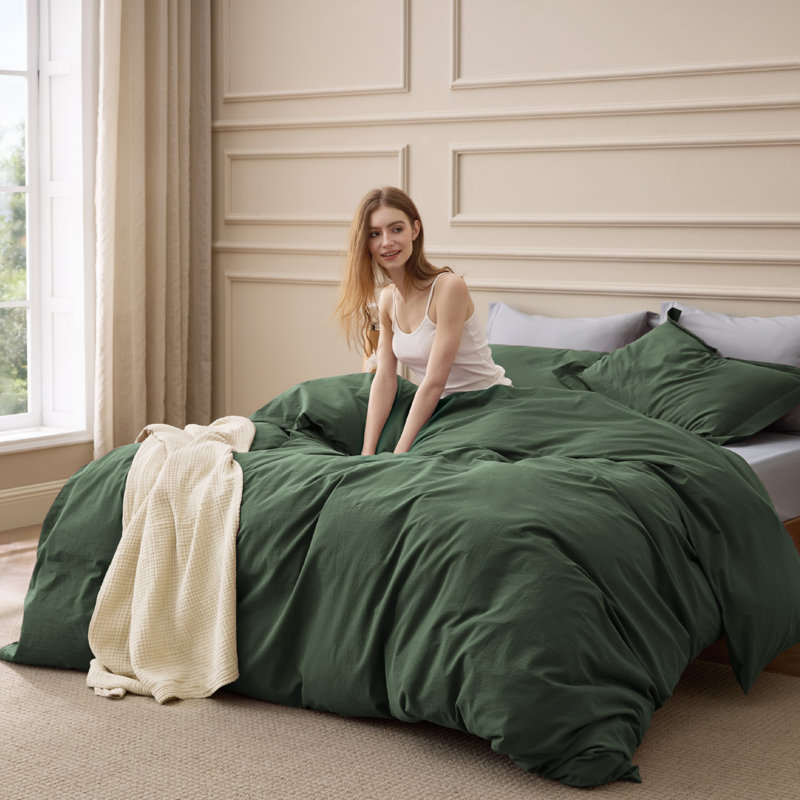 Bedsure 100% Washed Cotton Duvet Cover Set - Minimalist Cotton Beding Set For All Season（Set of 3）, Green