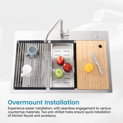 Évier de cuisine en acier inoxydable, bol simple de 36 po x 22 po, fait sur mesure à la main avec planche à découper, passoire et grille