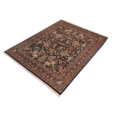 Tapis bleu / noir / rouge en laine noué à la main à motif floral 8 pi 1 po x 10 pi 4 po Ozra