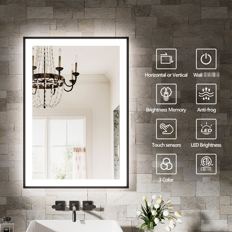 Miroir de salle de bain intelligent 28 po x 36 po: long - Appuyez pour régler la luminosité, court pour la température de couleur, brouillard avec arrêt automatique de 1 heure, compatibilité avec interrupteur mural, verre trempé de 5 mm et fiabilité