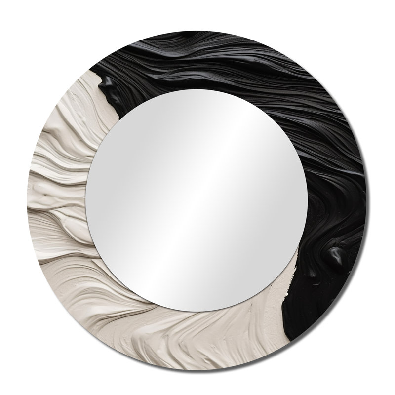 Presious Black White Marbled Dreamscape II - Geometric Large Mirror, Black Round Decorative Wall Mirror, Printed Metal Art