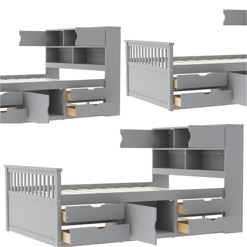 Structure de lit plateforme stable avec bibliothèques de rangement et quatre tiroirs, Gris