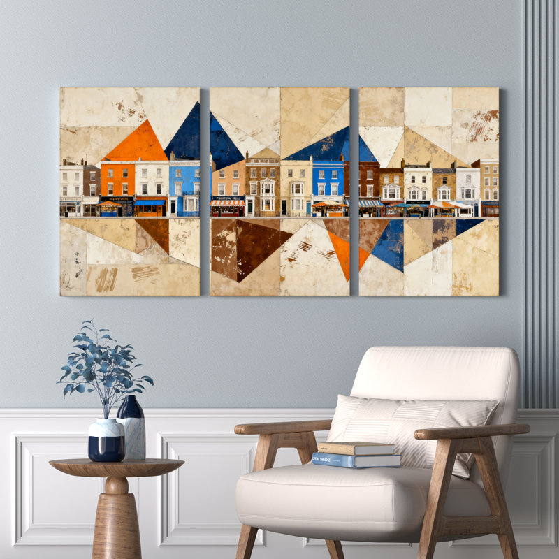 «Geometric Cityscape», reproduction d'art sur toile abstraite (ensemble de 3), H 24 po x l 48 po