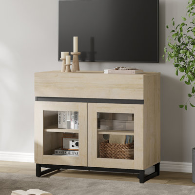 Meuble télé moderne avec portes en verre pour téléviseurs de 40 po, console de divertissement avec tiroir et base en métal pour le salon, la chambre à coucher