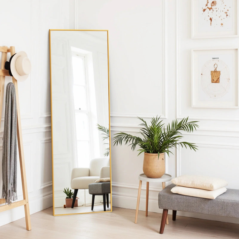 Miroir pleine grandeur, miroir de plancher suspendu ou adossé au mur, convenant à la chambre à coucher, 59 po x 16 po, Doré