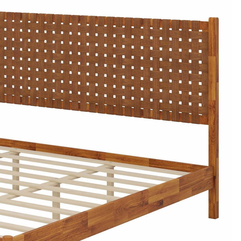 Lit plateforme minimaliste en bois avec tête de lit Vegan tissée artisanalement, King, Caramel