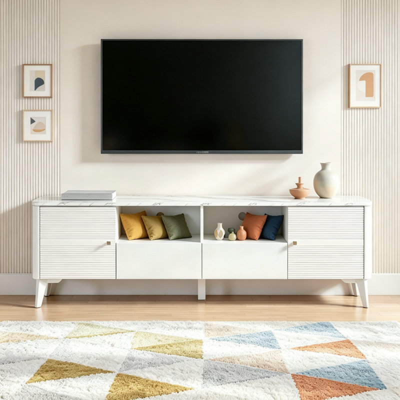 Meuble télé avec plateau en simili marbre Ikesha, Blanc