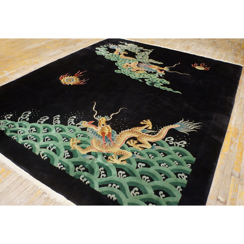 Antique Chinese - Art Deco Medium Wool Black Rug