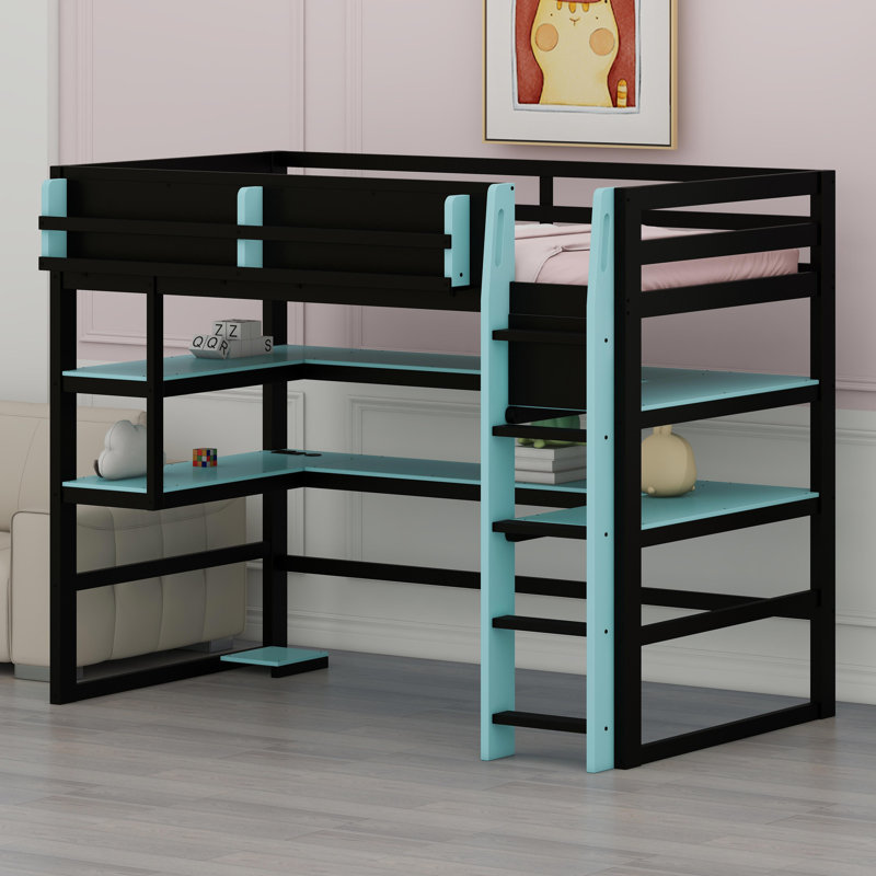 Canapé-lit peu encombrant avec bureau intégré, unité de rangement latérale, tablettes à plusieurs niveaux et système DEL intelligent à changement de couleur