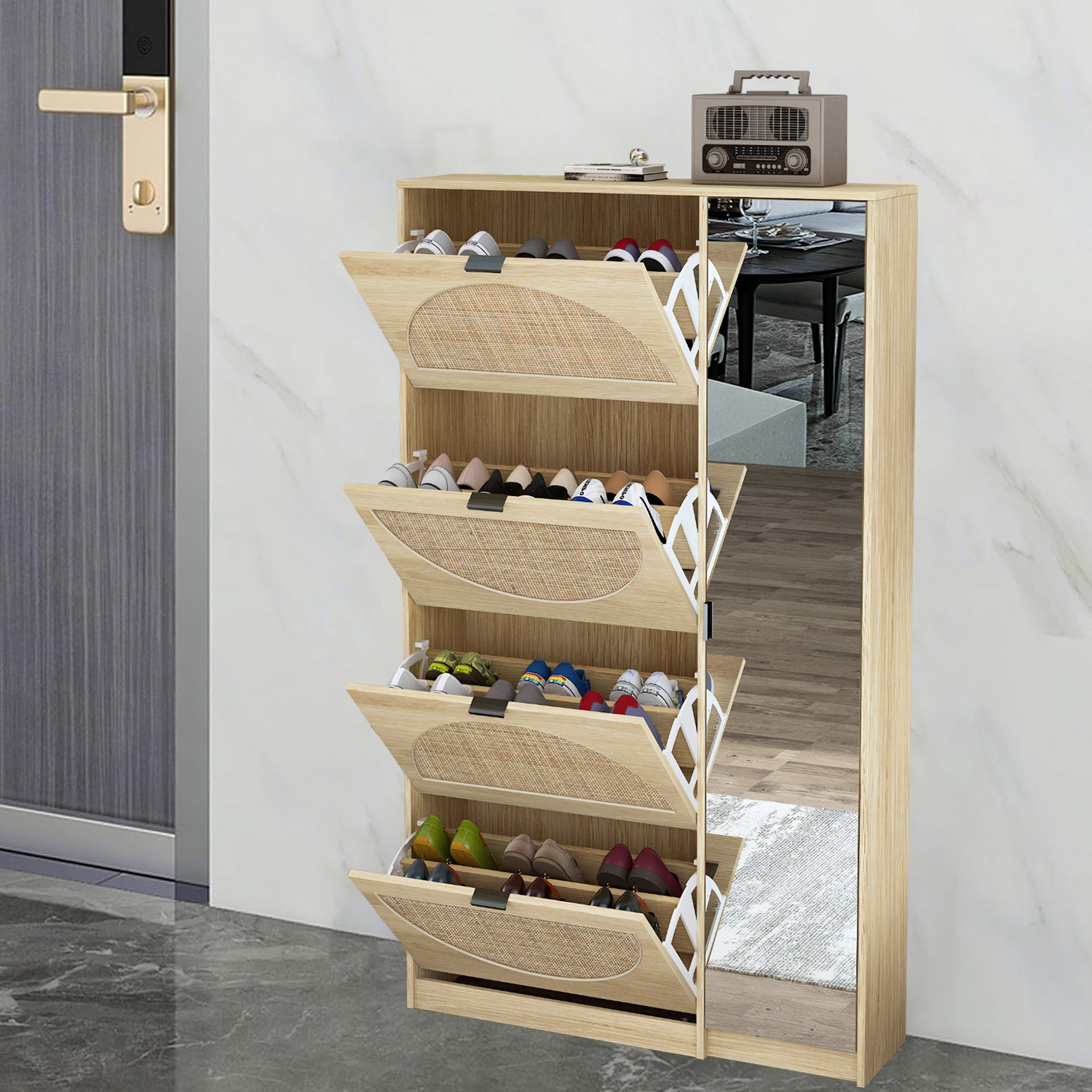 Bayou Breeze Rattan Shoe Cabinet with 4 Flip Drawers & 1 Mirror Storage  Cabinet, Shoe Storage Cabinet
