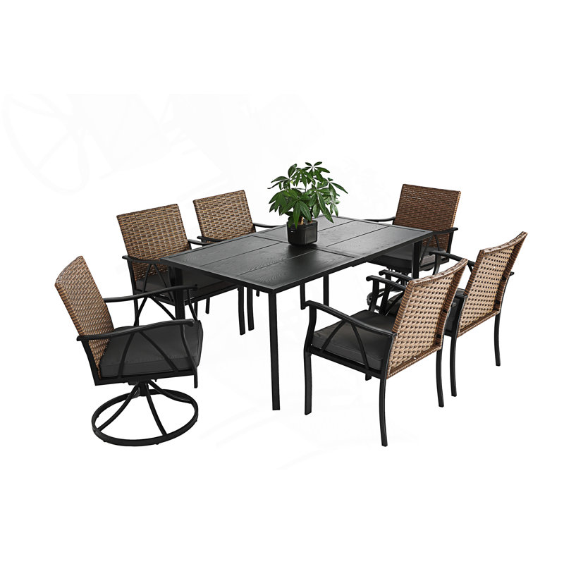 Ensemble de salle à manger 7 pièces pour patio, ensemble de meubles d'extérieur en osier avec 2 chaises berçantes pivotantes et 4 coussins
