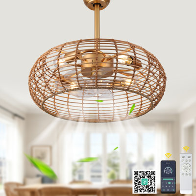 Ventilateur de plafond 24 po en rotin avec lumières et télécommande, 6 vitesses, moteur à courant continu réversible pour chambre à coucher