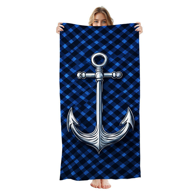  Serviette de plage légère en microfibre, absorbante sans décoloration, 30 po x 60 po, ancre Gingham, Plage d'ancre Gingham
