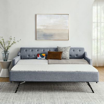 Twin Size Upholstery Daybed With Twin Size Erectable Trundle And USB Charging Design, Linen