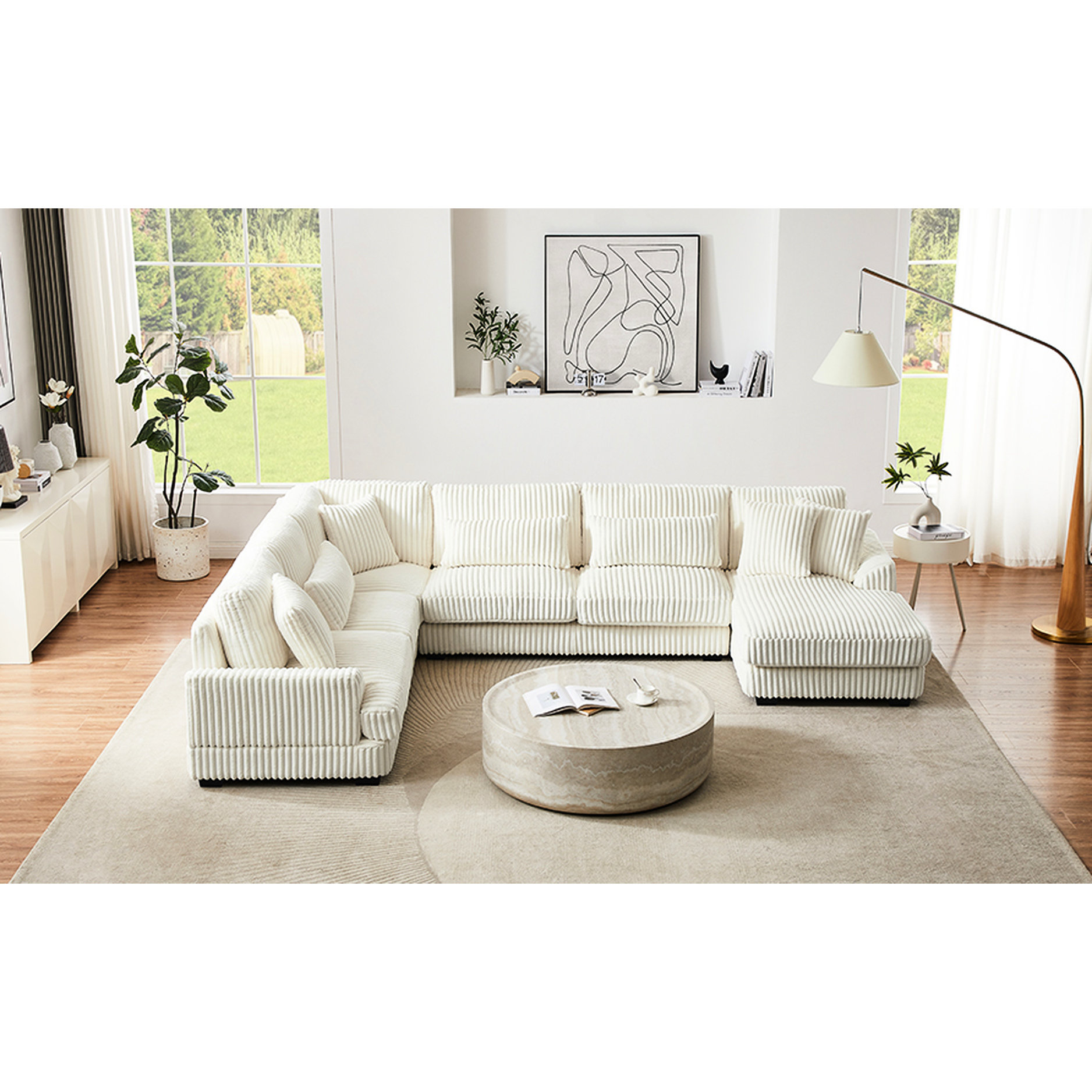 Latitude Run® Spacious U-Shaped Living Room In Beige With Corduroy ...