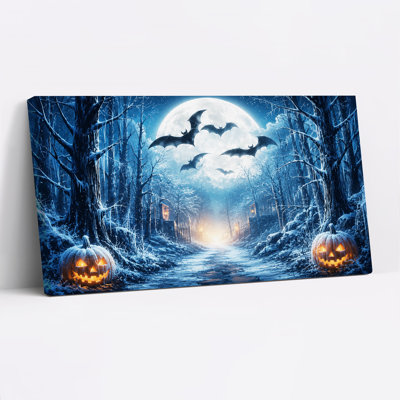 «Snowy Forest with Glow Pumpkins and Bats», art mural sur toile d'Halloween