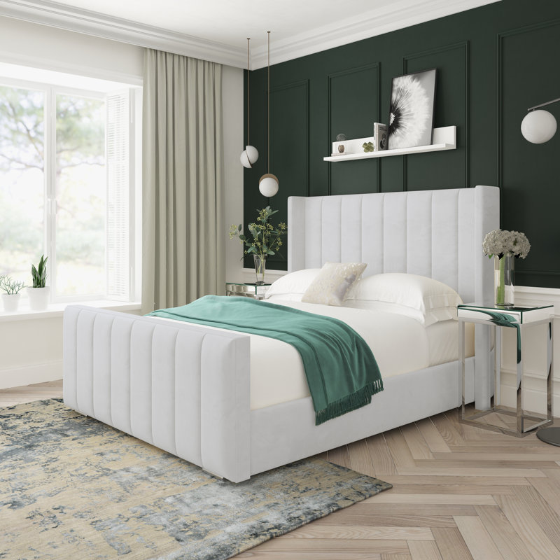 Aspen Plush Velvet Upholstered Bed Frame, King (5'), White