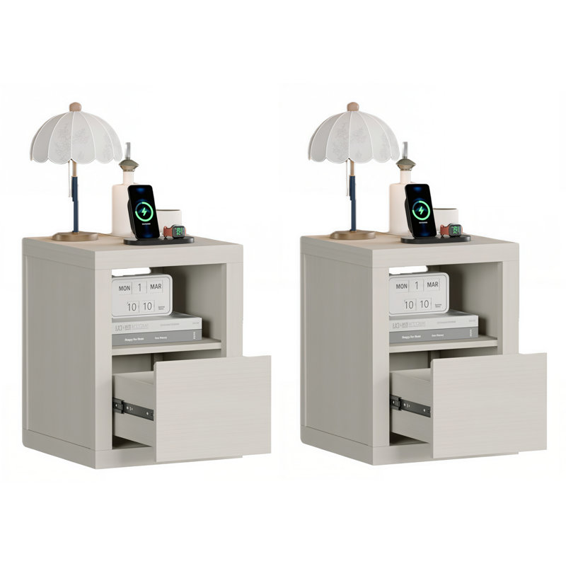 Table de chevet, ensemble de 2 avec station de charge cachée, table de chevet étroite avec 2 prises de courant, ports USB et de type C, tiroir et tablette ouverte, table de bout à grain de bois pour petits espaces de chambre à coucher (chêne clair, l 15,98 po)