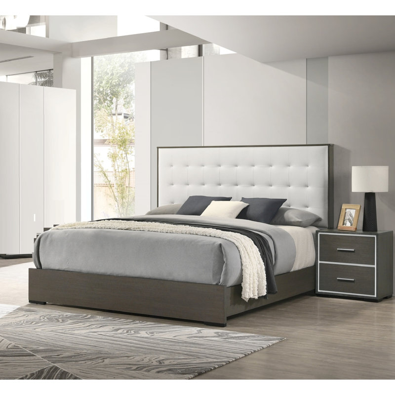 Wooden Full Size Bed With Headboard In Gray And Beige Fabric Modern Button Gray Upholstery, Full