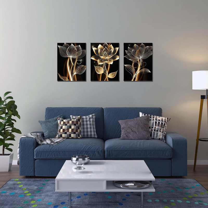 Ensemble de 3 reproductions d'art sur toile abstraites bleu marine, 16 x 24 pouces, décor pour salon, salle de bain, bureau