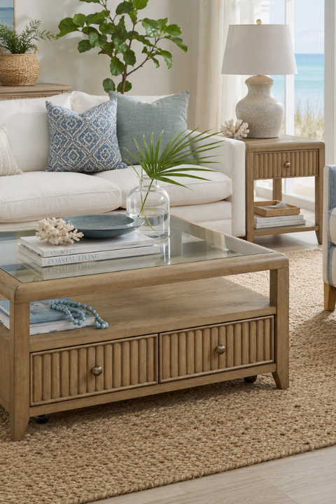 Coastal living room with a light wood coffee table featuring two fluted drawers, a glass top, and a woven rug.