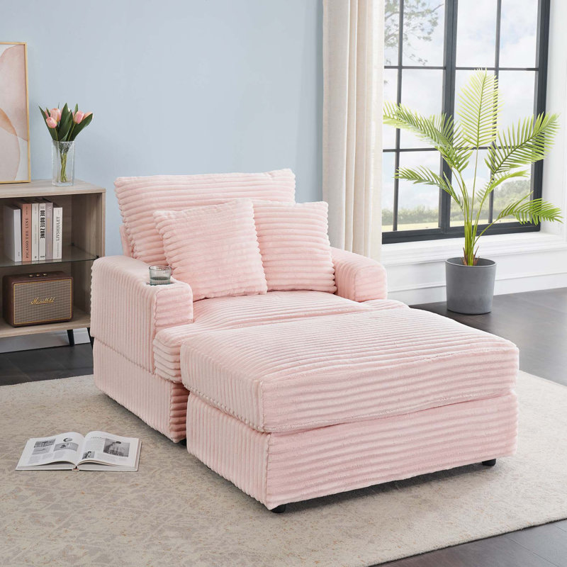 Comfortable Spring Armchair and Ottoman Set with Cup Holder and Corduroy, Pink