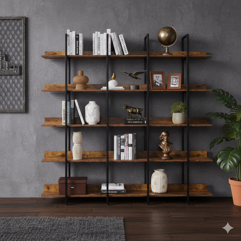 Bibliothèque à cinq niveaux pour tablettes ouvertes pour la maison ou le bureau, tablette de style industriel rétro avec structure en métal et panneau de fibres à densité moyenne
