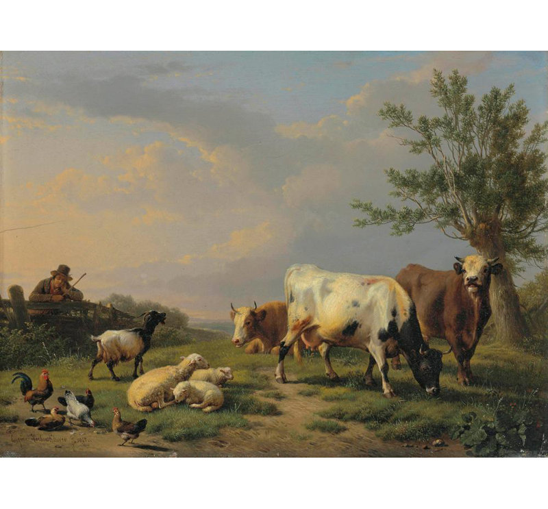 «Un fermier avec trois vaches, trois moutons, une chèvre et cinq poulets dans un paysage» par Eugène Joseph Verboeckhoven - Art mural sur toile tendue