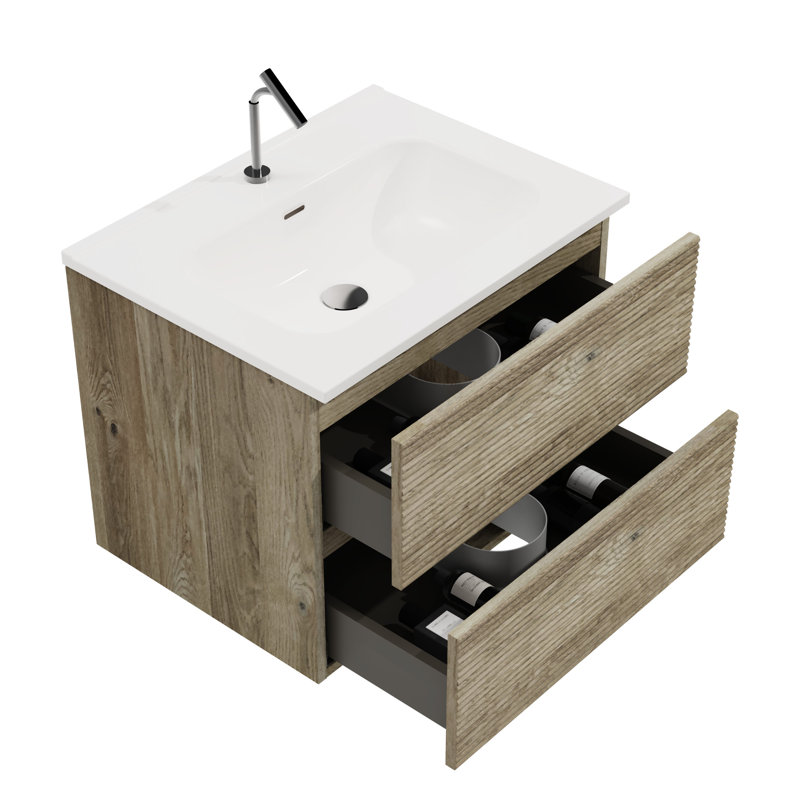 Meuble-lavabo flottant brut avec lavabo intégré, glissières de tiroir silencieuses, design minimaliste, rangement accru, planches E1 modernes en chêne, trop-plein en céramique pré-assemblé, tiroirs texturés,
