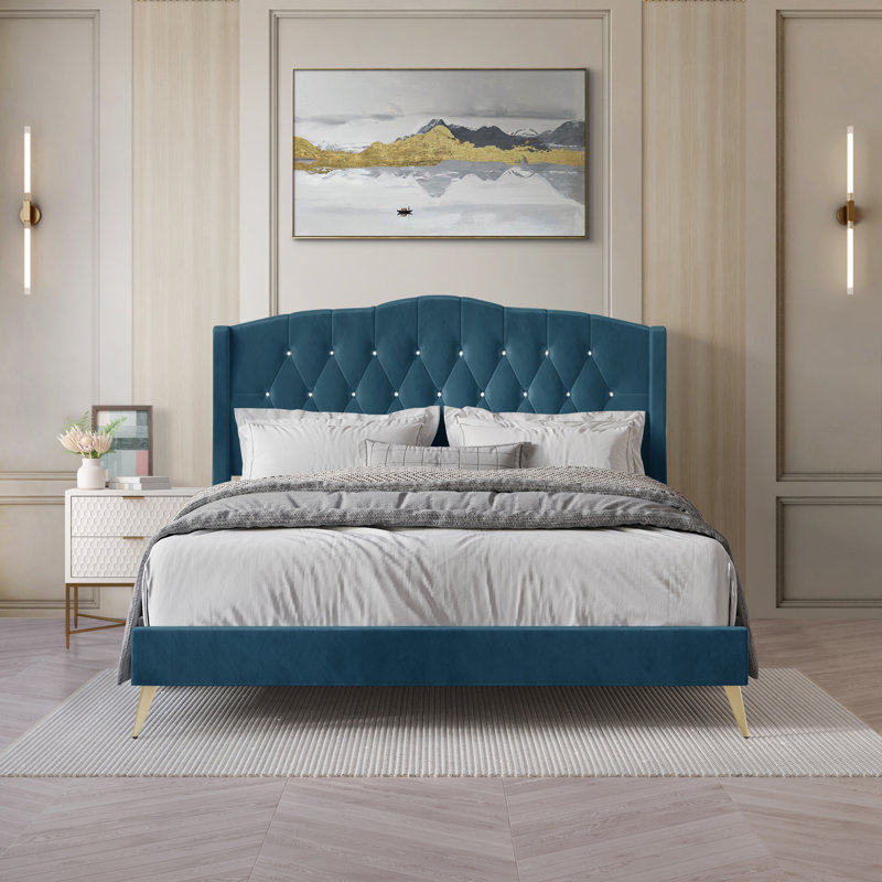 Dwaylon Upholstered Wingback Bed, Navy Blue, Twin