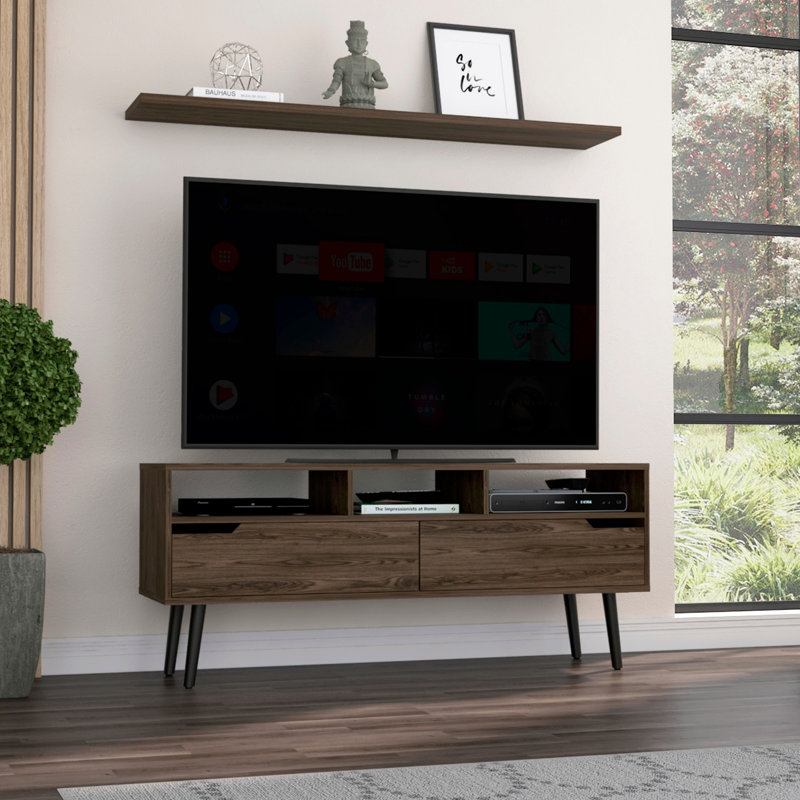 Oslo TV Stand With Two Drawers, Four Legs, And Three Open Shelves For Tvs Up To 51 Inches,  For Modern Living Rooms, Brown