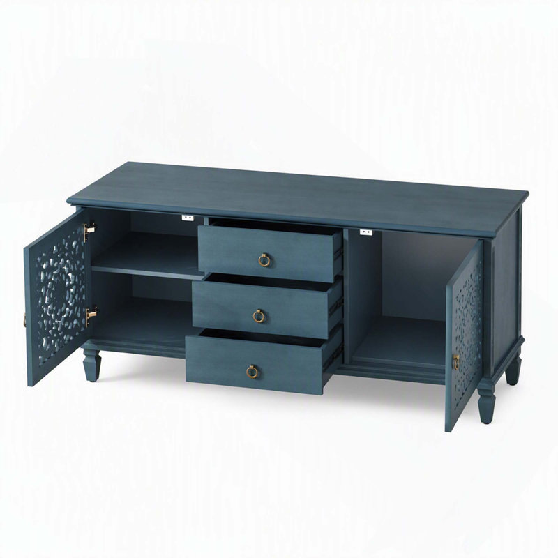 Meuble télé de style campagnard vintage avec portes sculptées, tiroirs et étagères réglables, Bleu antique