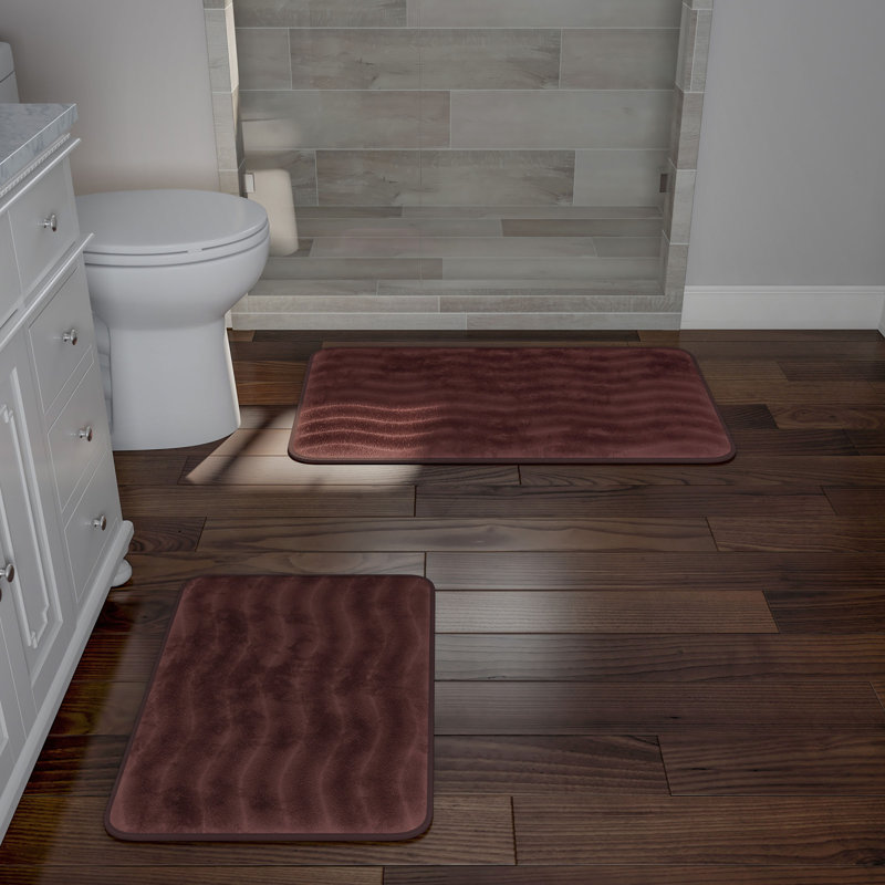 2 Piece Bathroom Rug Set - 32x20 Inch and 23x17 Inch Memory Foam Bath Mats with Textured Wave Print for Stylish Bathroom Decor - Bath Rugs Non Slip Washable Bathmats  (Chocolate Brown)