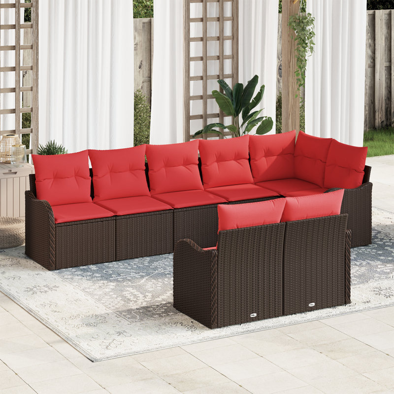 Ensemble de canapé de jardin vidaXL 8 pièces, Structure brune / coussin rouge
