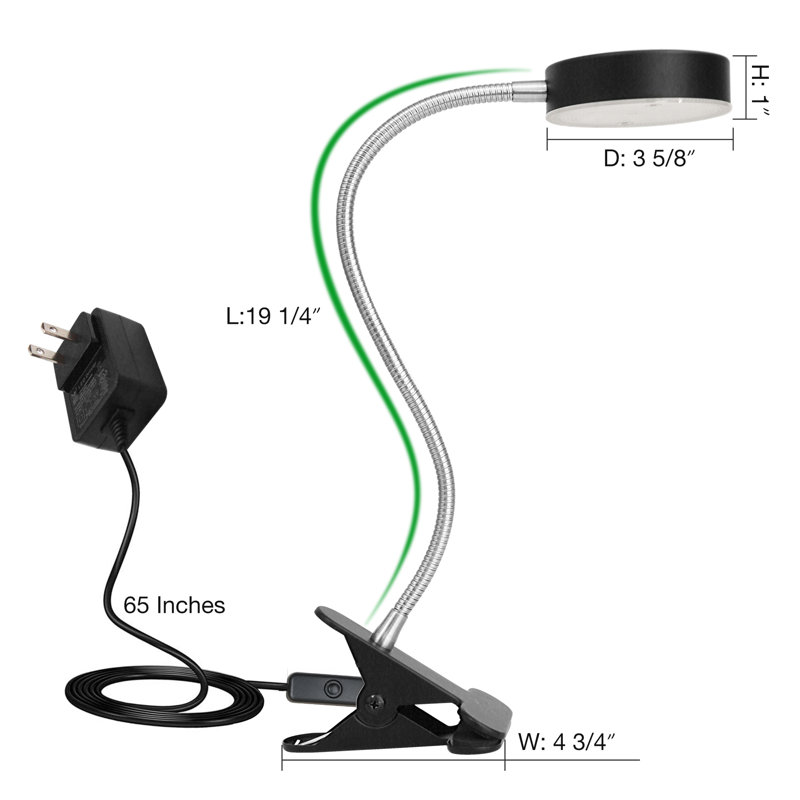 Black Plug-in LED Clip-On Desk Lamp with 5ft Cord, 360° Adjustable Gooseneck, 4000K Cool White, ETL Certified