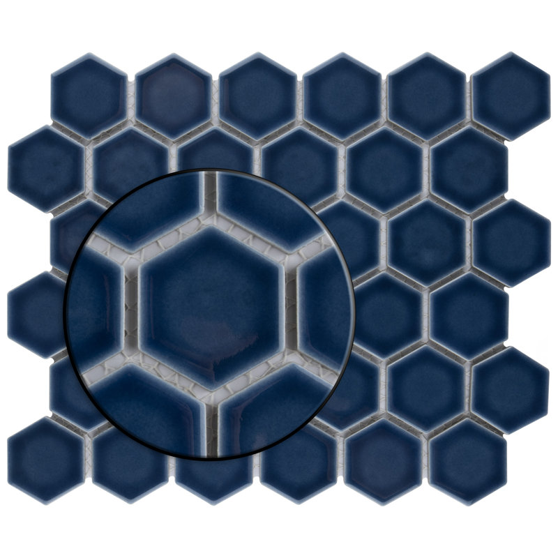 Hudson Due 2" x 2" Hex Porcelain Mosaic Wall & Floor Tile, Denim Blue