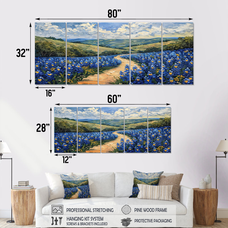 «Blue Green Meadow Charm Blue Bonnets» - ensemble d'art sur toile Blue Bonnets, H 32 po x l 80 po