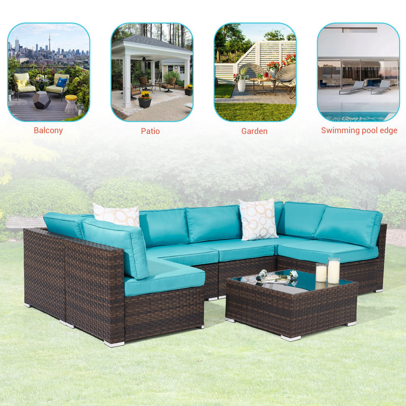 Ensemble de conversation pour canapé modulaire d'extérieur 7 pièces, coussins en rotin en osier tissé et lavable avec table de thé