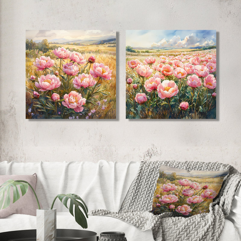 Pivoines dans le champ ensoleillé I - Art mural pivoines - Art mural traditionnel sur toile 2 pièces, H 16 po x l 33 po