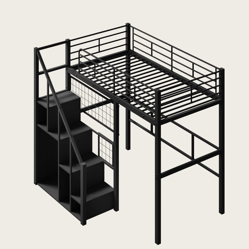 Twin Size Metal Loft Bed with Storage Staircase and Integrated Wardrobe, Space-Saving Design, Black