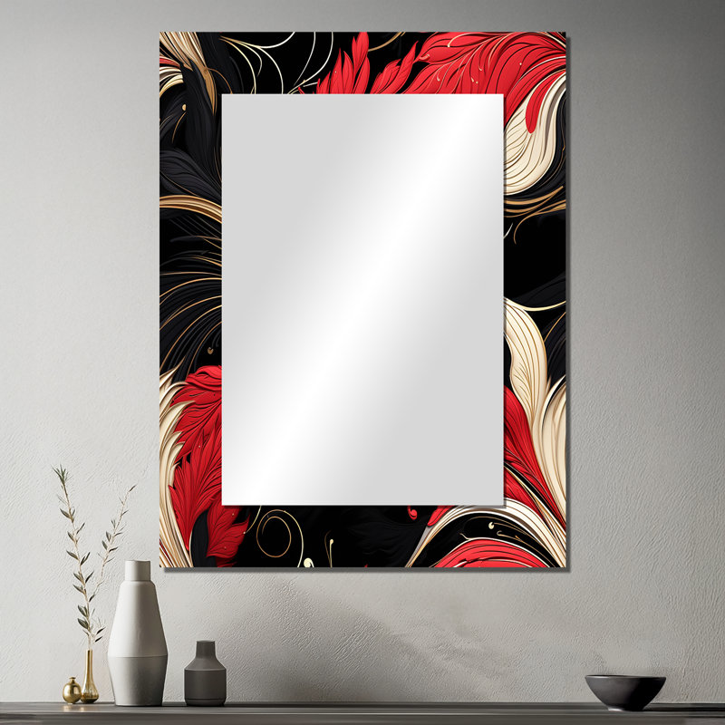 Huron rouge et noir Gloden Hollywood Glam motif floral - miroir décoratif floral, miroir mural de chalet, impression d'art en métal